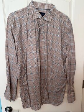 Men's Checked Dress Shirt in Tan and Blue - Classic Point Collar